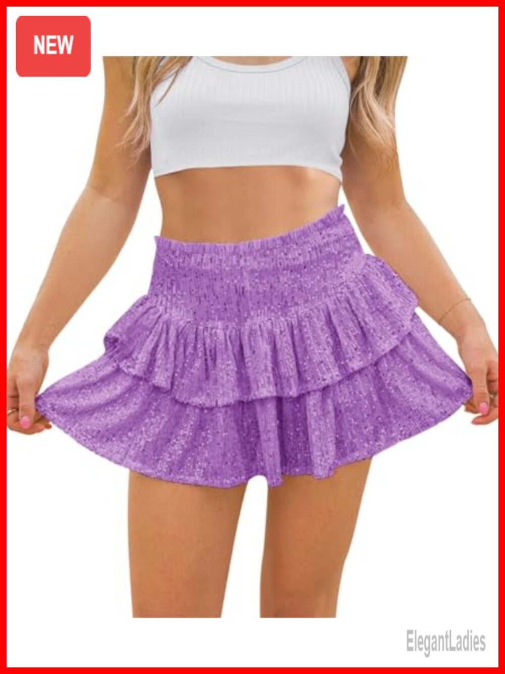 Sequin Mini Skirt with Shorts Ruffle Sparkly Skort A-Line High Waist